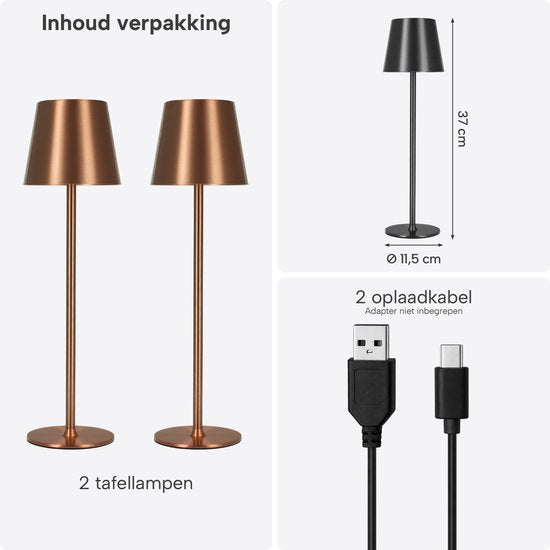 Kabellose Tischlampe – Kabellos und über USB-C aufladbar – 3 LED-Lichtfarben – Für drinnen und draußen – 2er-Set – Anthrazit – BREND BR-2247