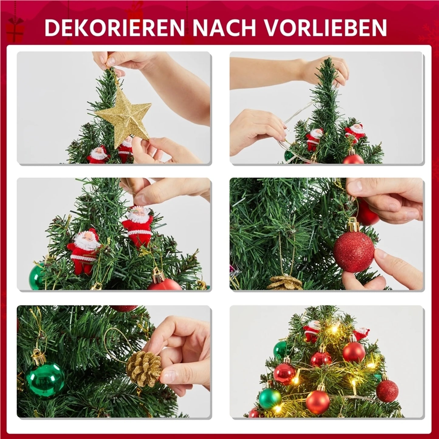 Yaheetech Tisch-Weihnachtsbaum mit Lichtern - 38 x 38 x 60 cm - Mit 35 LED-Lichtern und 40 roten Beeren und Betonsockel mit rotem Tuch - Für Sideboard und Büro - Grünes PVC und Beton