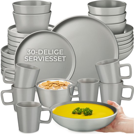 tectake® Geschirrset Una – 30-teilig – Steingut – für 6 Personen – stilvolles und langlebiges Geschirr – Set mit großen und kleinen Tellern, Schüsseln, Schälchen – Tassen – grau