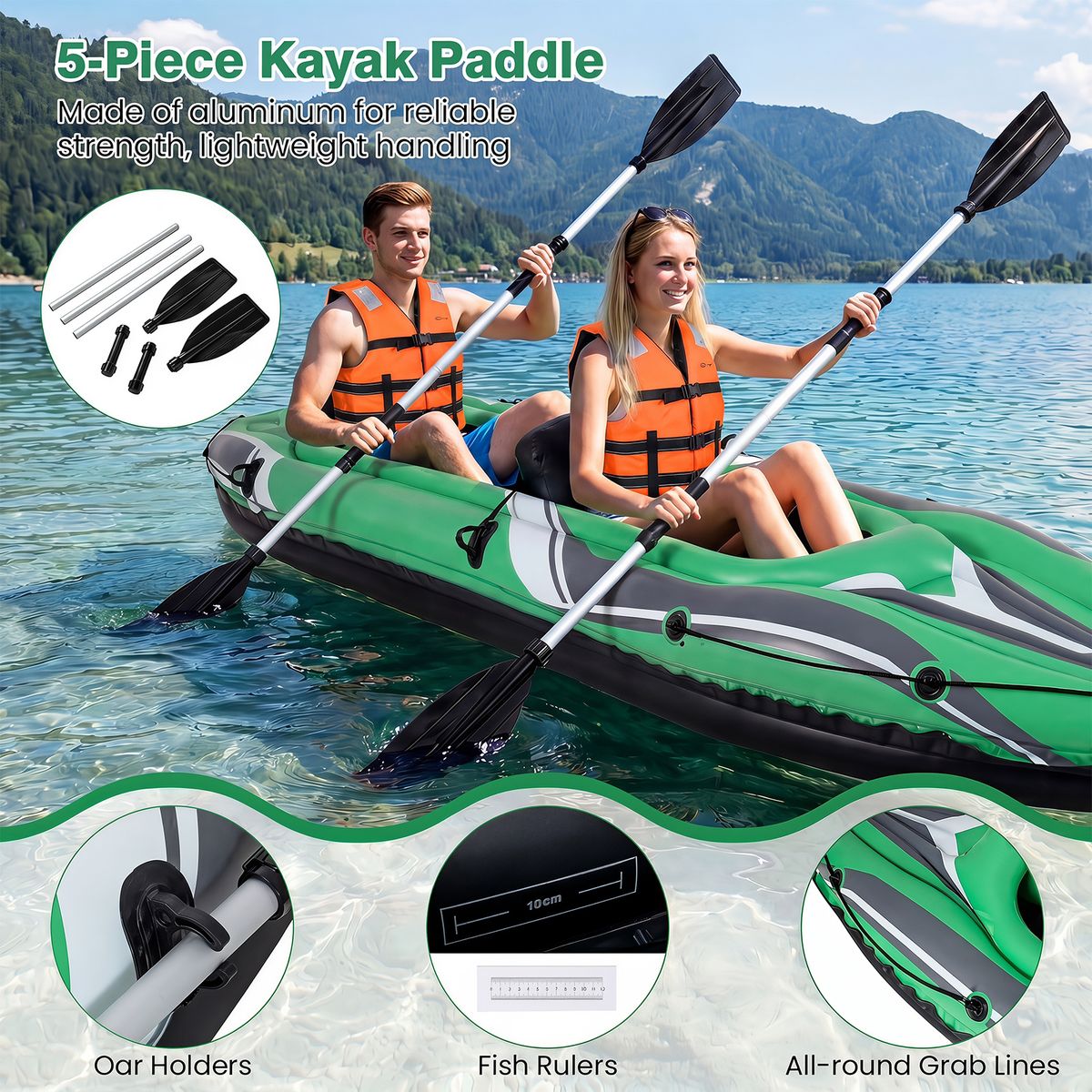 Coast aufblasbares Kajak für 2 Personen – verstärktes PVC – mit Aluminium-Paddeln und Rückenlehnen – grün/schwarz 350 x 78 x 47 cm