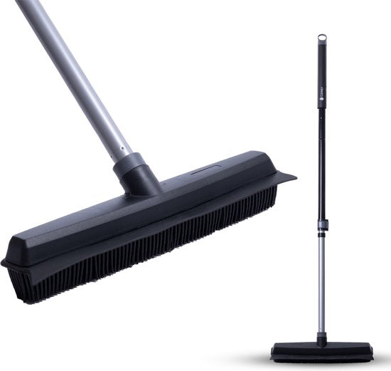 CLEANLY Gummibesen mit Bodenwischer - Barbierbesen - Weicher Besen für drinnen und draußen - Teleskop 114-142 cm - Bürste mit Stiel - Innenbesen - Breite 34 cm - Schwarz, Grau