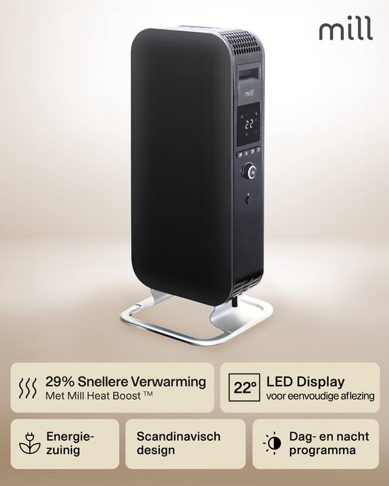 Mill AB-H1000DN BLACK – Design-Ölradiator – 1000 Watt – trocknet die Luft nicht aus – leise – schwarz – 5 Jahre Garantie