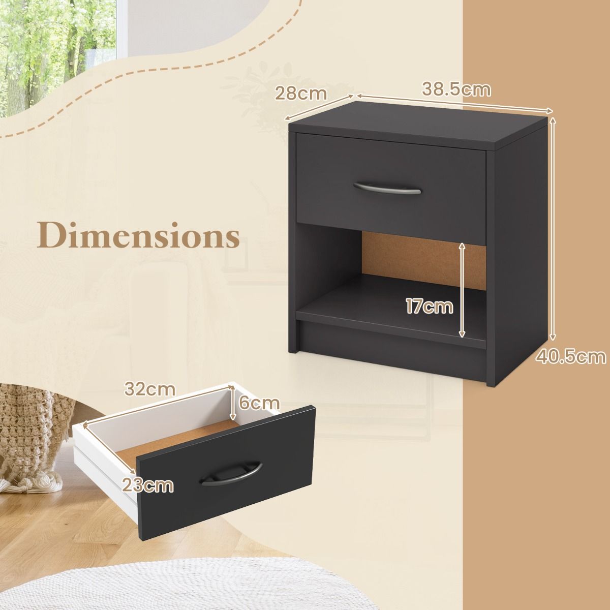 Coast Nachttisch mit Schublade – offenes Regal – kompaktes Design – 38,5 x 28 x 40,5 cm – braun und schwarz