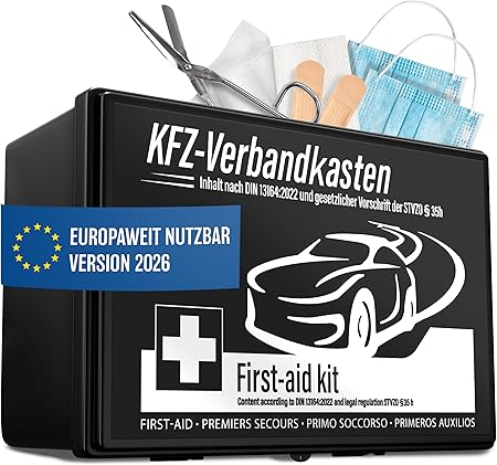 HELDENWERK Auto-Verbandskasten 2026 Europaweit einsetzbar und geprüft (nach deutschem Verkehrsrecht) - Verbandskasten Verbandskasten DIN 13164 zertifiziert - Verbandstasche - Schwarz