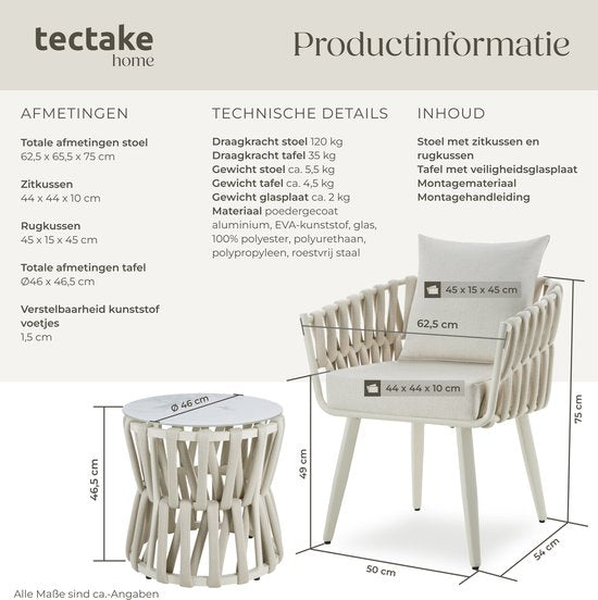tectake® Gartenset Lugano – Gartenstuhl – Liegestuhl mit Beistelltisch – Gartenstuhl im Seil-Design mit Aluminiumgestell – Garten-Sessel mit dicken Kissen – Lounge-Set für Garten oder Balkon - Terrassenstuhl – UV- und witterungsbeständig – Beige