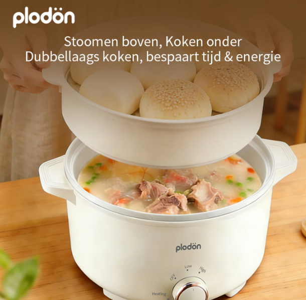 Plodon Elektrischer Hotpot 2,4 l – Antihaftbeschichtung – 27 x 22 cm – Mit Dampfkorb