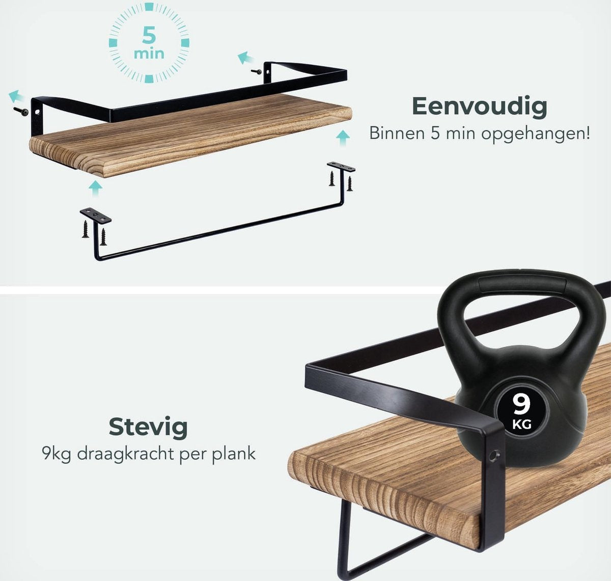 LifeGoods Schwebendes Wandregal - 2 Stück - 41cm - Handtuchhalter und 8 Haken - Industriell - Holz - Braun/Schwarz