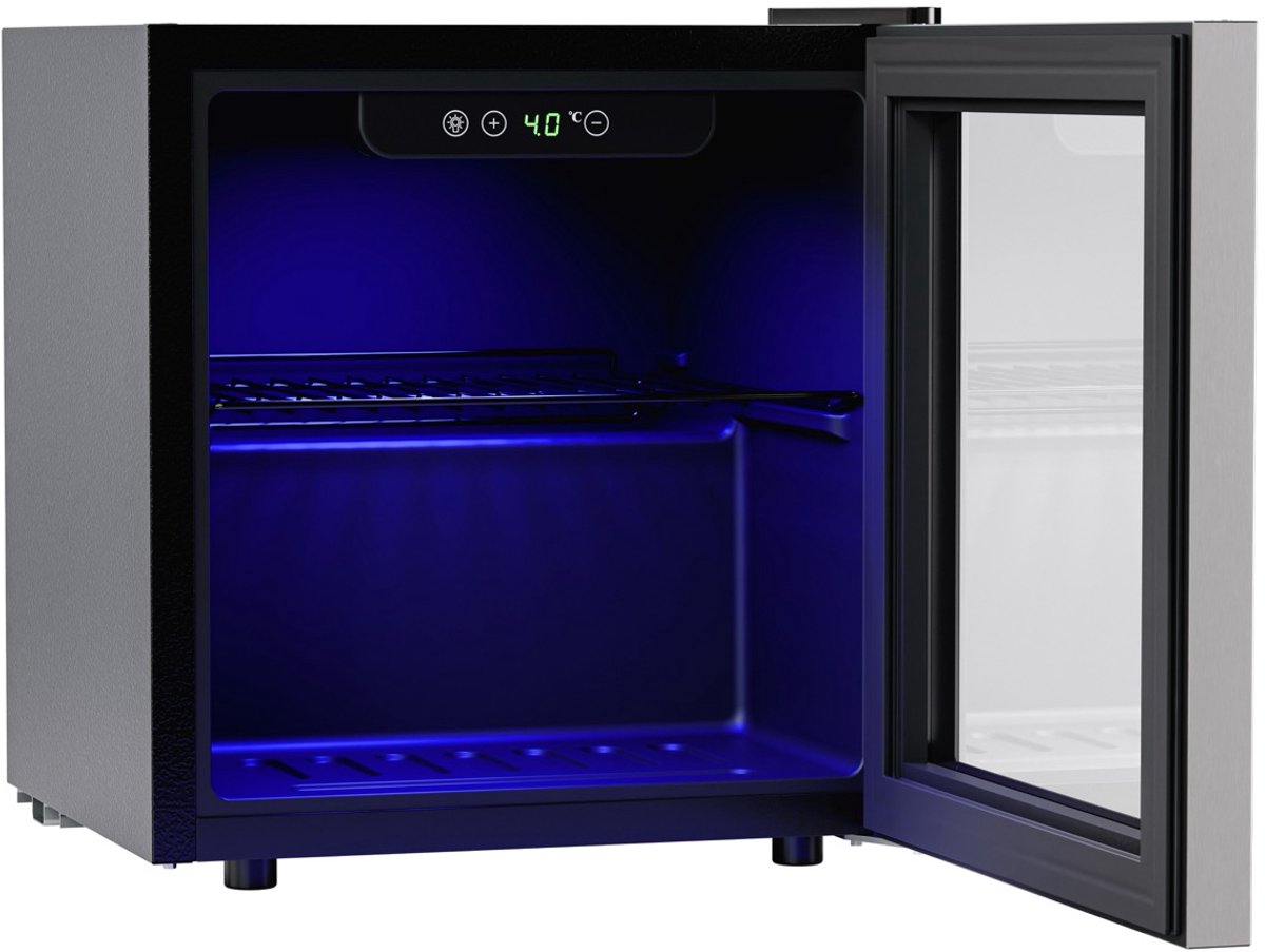 KitchenBrothers Getränkekühlschrank 36 l – Minikühlschrank mit Glastür – 60 Dosen – 3–16 °C – 42 dB – 43 x 41 x 47 cm – Schwarz
