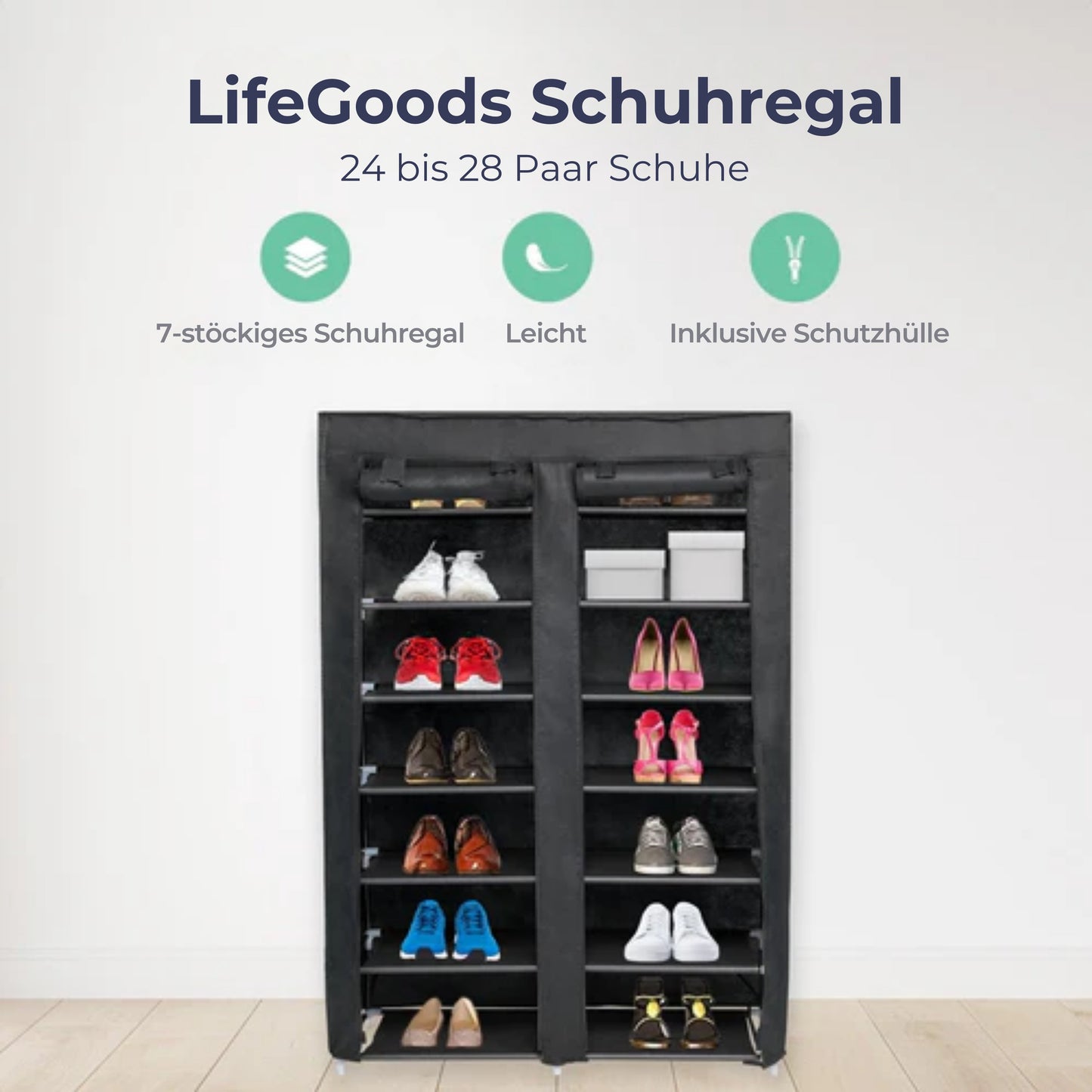 LifeGoods Schuhregal - 7 Schichten - 28 Paar Schuhe - Abschließbar - Schwarz