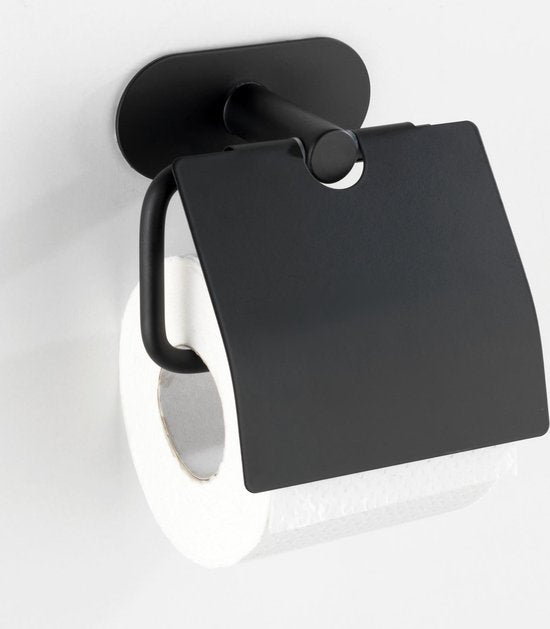 WENKO Turbo-Loc® Toilettenpapierhalter mit Klappe Orea Edelstahl schwarz matt – Toilettenpapierhalter – WC-Rollenhalter – Befestigung ohne Bohren – Selbstklebend – 10 Jahre Garantie
