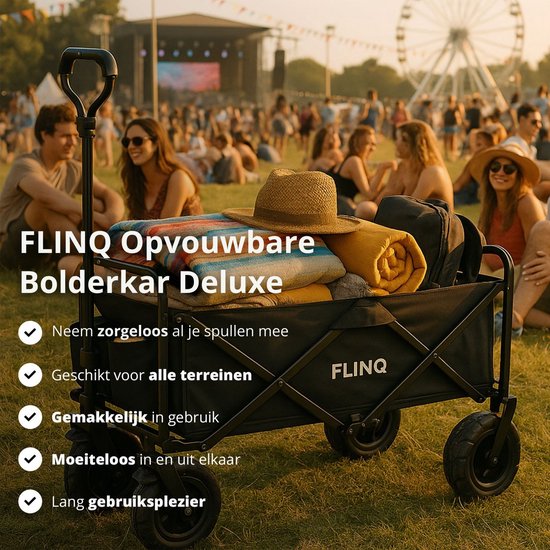 FlinQ Bolderkar mit Dach bis zu 130 KG - faltbar - Strandtrolley mit Schiebestange - zusammenklappbarer Strandtrolley - 100L Kapazität mit Schwenkrädern - Schwarz