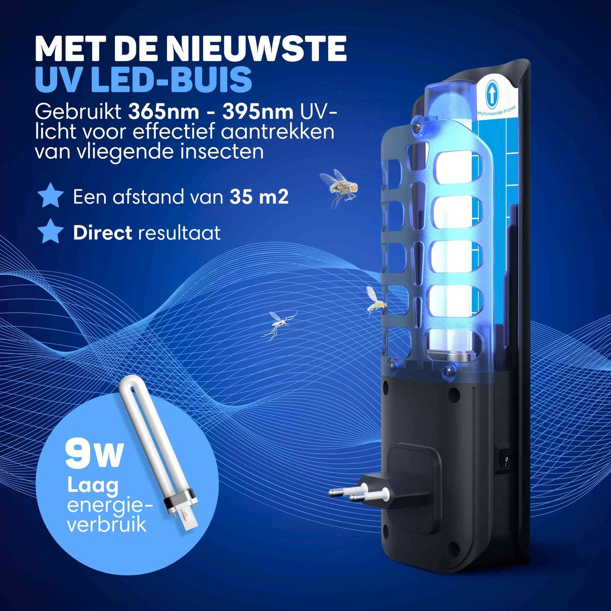 Vulpes Goods® Repellent Mückenlampe 9x9x25cm - Grau - UV-LED Fliegenlampe mit Klebestreifen - Geräuschlos, geruchlos & giftfrei - Inklusive 10 nachfüllbaren Klebeblättern - Für den Innenbereich