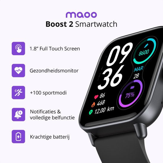 Maoo Boost 2 Smartwatch - Frauen & Männer - Android & iOS - Wasserdicht - Schwarz