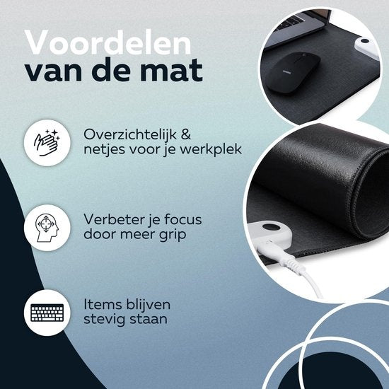 WURK Professional Beheizte Schreibtischunterlage - 30â„ƒ bis 50â„ƒ - Schreibtisch-Organizer - Inklusive Kabelclip - Schwarz - 80x33