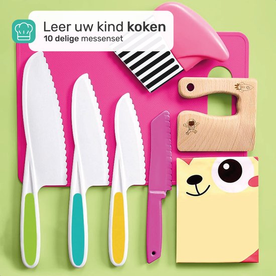 Qwali XL Montessori Kindermesserset - 9-teilig - inkl. Schneidebrett und Schürze - Sicher - Kochen - Besteck Messer - Messer für Kinder - Küchenmesser
