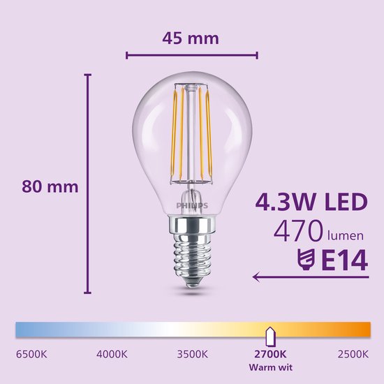 Philips LED-Lampe, transparent – 40 W – E14-Fassung – Warmweißes Licht; 2700 K – 6er-Pack