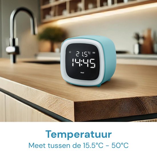 JustAnotherProduct AP18 - Wiederaufladbarer Digitalwecker mit Licht (3 Modi) - Wecker mit Temperatur (15,5°C bis 50°C) - 12/24h Wecker - Nachtlicht - Hellblau
