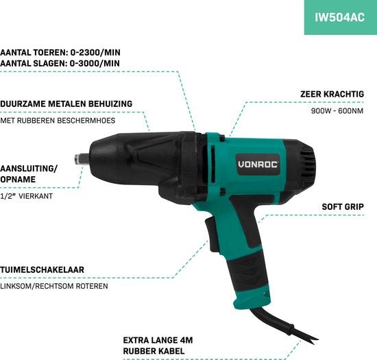 VONROC Schlagschrauber 950W - 600Nm - 1/2" Aufnahme - Inkl. 4 Steckschlüsseleinsätze - 4m Kabel - Softgrip - geeignet für Reifenwechsel
