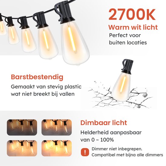 Partizzle 15m LED Lichterkette Edison - 25 Lampen Girlande - Wasserfeste Lichtergirlande für Terrasse und Camping - Weihnachtsbeleuchtung / Gartenbeleuchtung - 2700k / Warmweiß