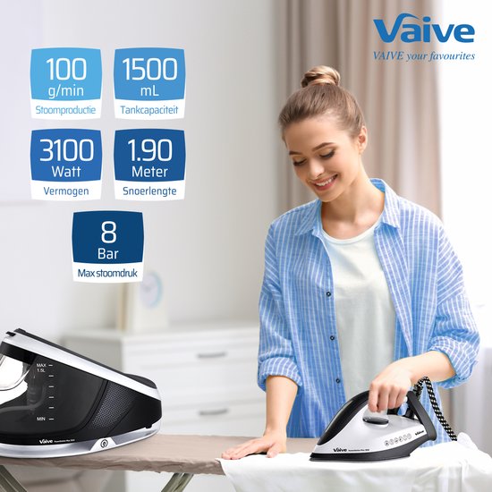 VAIVE - Dampf Bügeleisen - mit Dampfgenerator - 3100W - 1,5 L Wassertank - Schwarz/Weiß