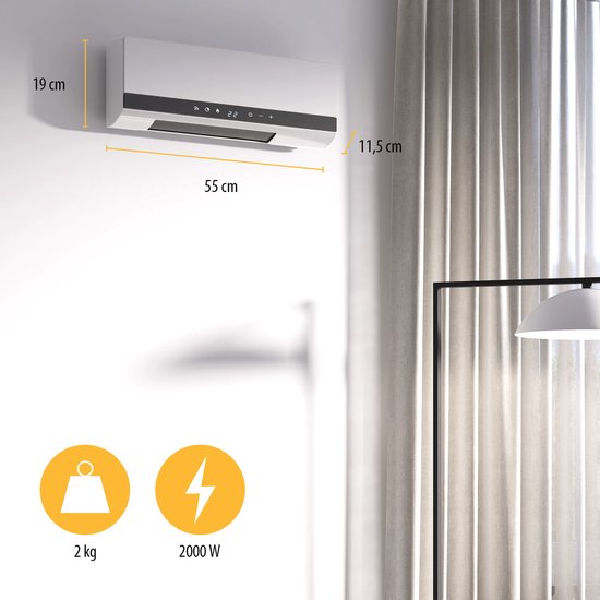 Tristar KA-5216 Keramikheizstrahler – 2000 W – mit Fernbedienung, Timer und Schwenkfunktion – Wandmontage