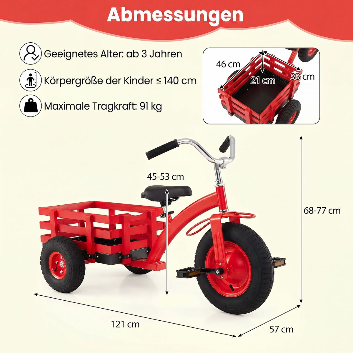 Coast Kinder-Dreirad mit verstellbarem Lenker und Sattel – mit Anhänger – rot