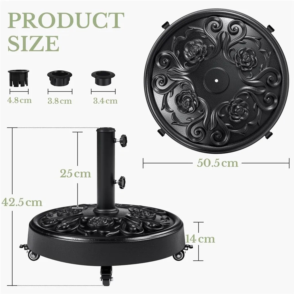Yaheetech Sonnenschirmständer 25 kg, Ø 50,5 cm – Schwarz – Mobiler Sonnenschirmständer mit Rädern und Retro-Design