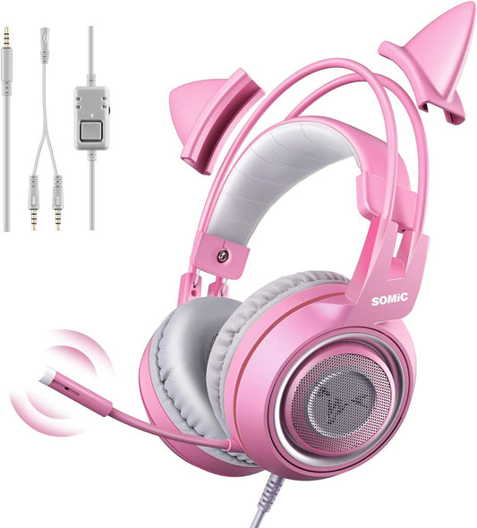 Somic G951 - PS4 PS5 7.1 Surround - Pink Cat Ear Noise Cancelling Kopfhörer - 3.5Mm Stecker - Mädchen - Kinder - Gaming Headset mit Mikrofon für Telefon/Laptop