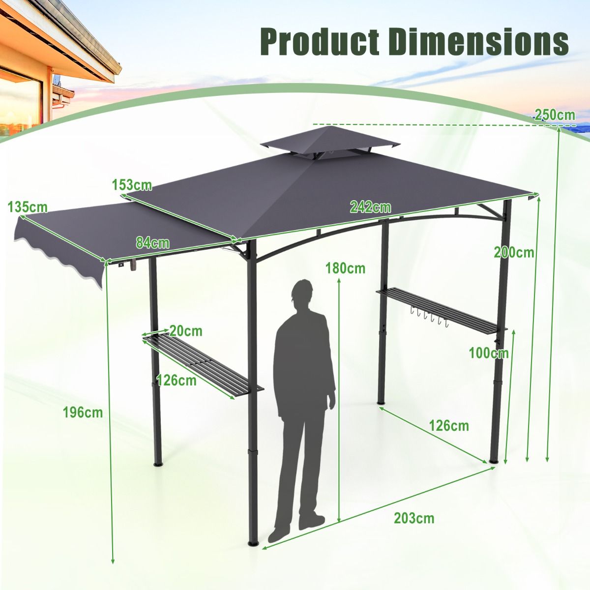 Coast Grillpavillon mit Seitenmarkise und Doppeldach 318 x 153 x 250 cm Dunkelgrau - Inklusive Seitenablagen und Haken