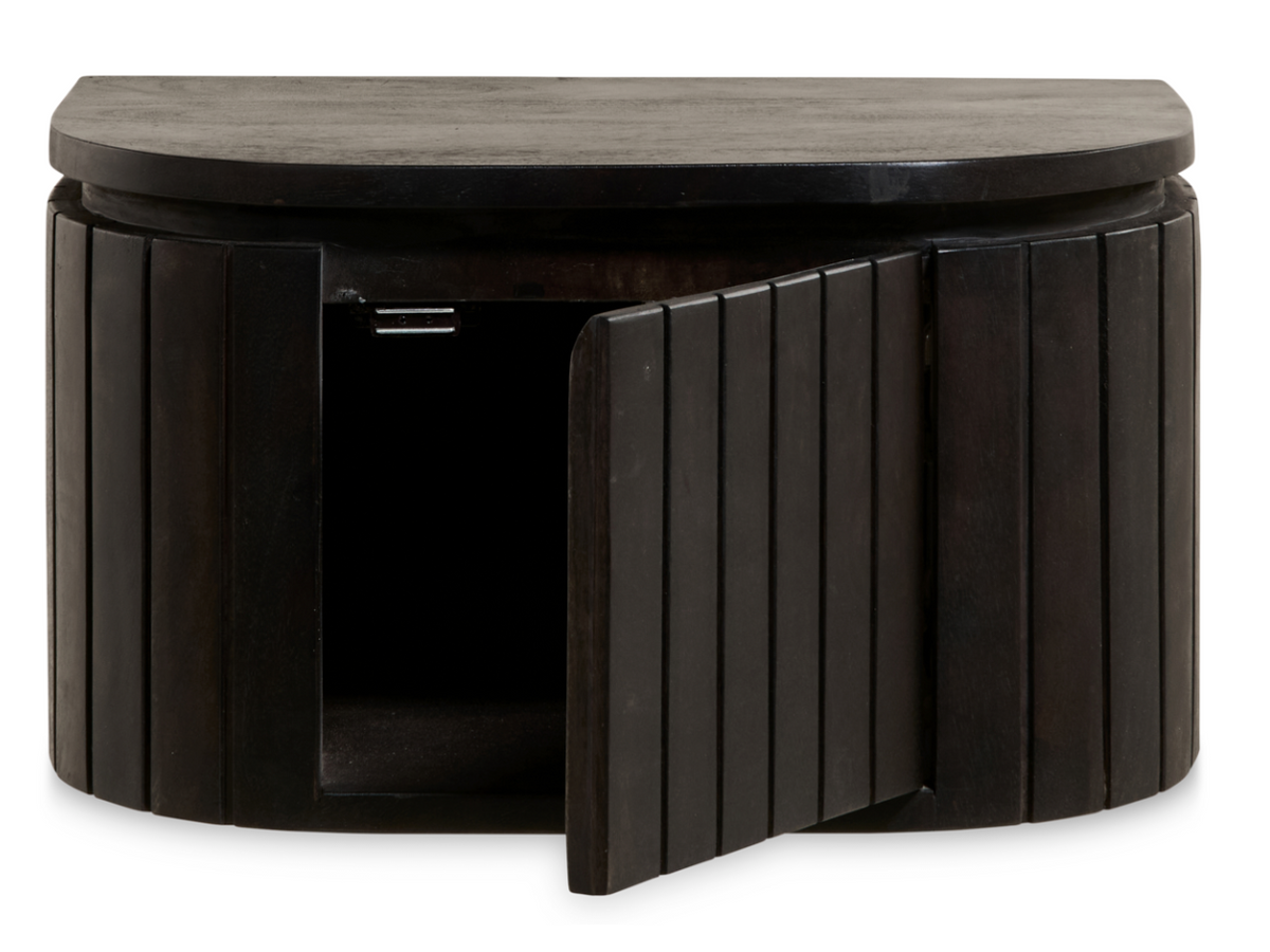 Multifurn Hängender Nachttisch Mokka – 45 x 30 x 25 cm – Dunkelbraunes Mangoholz mit Latten-Design und runder Form – 1 Stück