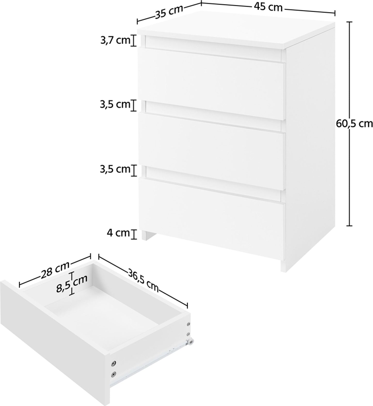 Yaheetech Nachttisch mit 3 Schubladen - Weiß - 45,5 x 35,5 x 60,5 cm