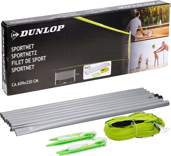 Dunlop Sports Net 609 x 220 CM - Volleyballnetz - Tennisnetz - Badmintonnetz - Komplettset mit Schlägern, Netz, Bodennägeln und Spannseilen - Multifunktional einsetzbar - Grün/Schwarz
