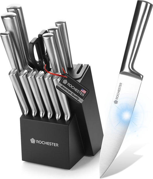 Rochester 14-teiliges Messerset mit Block und Messerschärfer - Küchenmesser mit Messerblock - Rostfreier Stahl - Kratzfeste Beschichtung