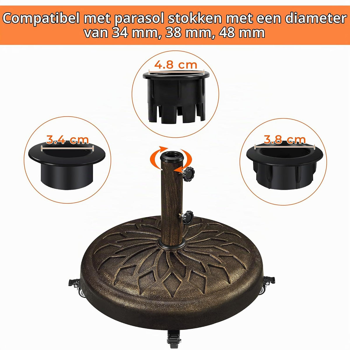 Yaheetech Sonnenschirmständer mit Rollen 50,5 x 42 cm – Bronze – Geeignet für Sonnenschirmstangen mit einem Durchmesser von 34/38/48 mm