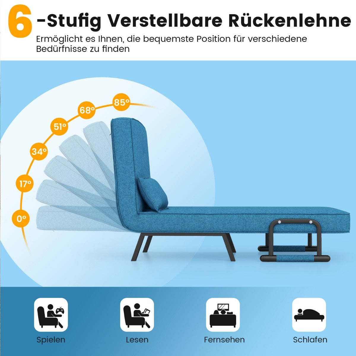 Coast Schlafsessel Sofa - 4-in-1, 5-Positionen verstellbar, Max. 150 kg - L 184 cm - Leinen/Metall - Blau