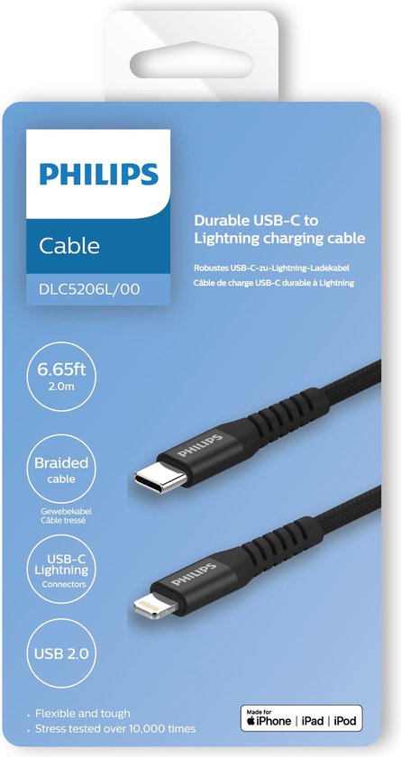 Philips USB-Kabel 3.0 - USB-C zu Lightning - Länge: 2 Meter - Premium-Nylon - Schwarz