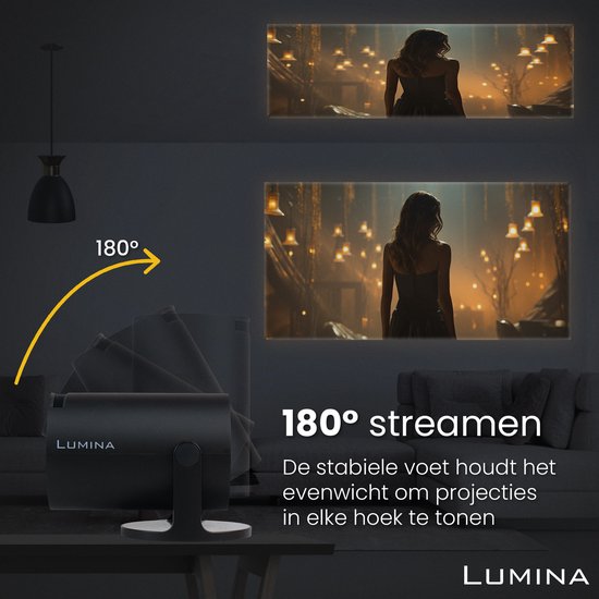Lumina® Pro Mini Beamer 2026 - Android 14 Smart Projektor mit Google Playstore - Heimkino - Für iOS & Android - WiFi 6 & Bluetooth 5.4 - Schwarz