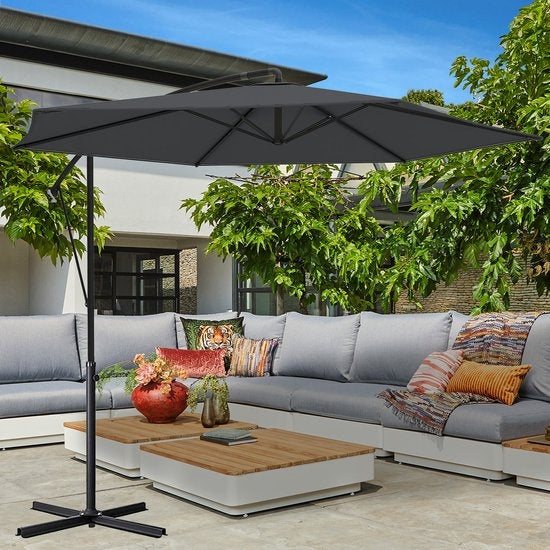 LifeGoods - Schwebender Sonnenschirm - bis zu 8 Personen - ⌀300cm - Wasserdicht - mit Abdeckung und Kreuzfuß - Garten oder Strand - Dunkelgrau