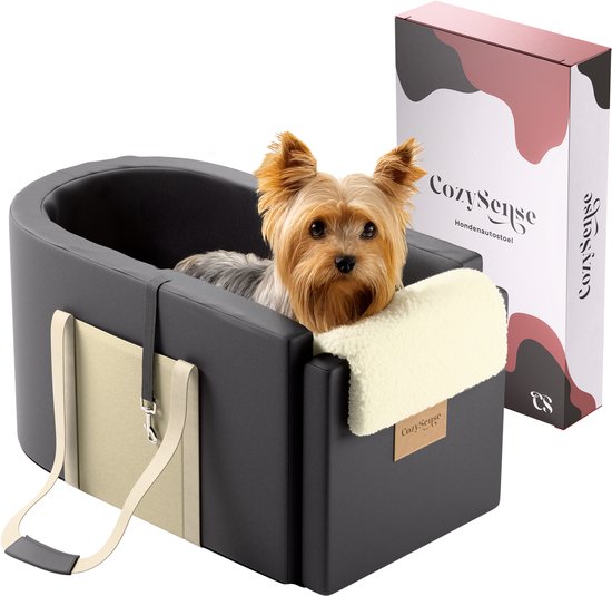 CozySense® Hundeautositz - Hundekorb Auto mit waschbarem Bezug - Für kleine Hunde - Passt in die Mittelkonsole - Auch als Tragetasche - Schwarz/Beige