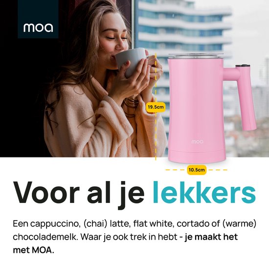 MOA Elektrischer Milchaufschäumer - 3-in-1 - Handlicher Milchaufschäumer - 330 ML - Für Cappuccino - Milchschneebesen - Pink