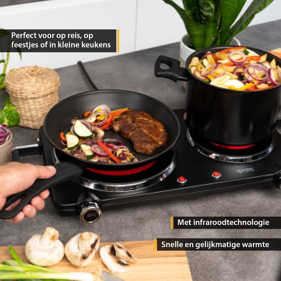 TZS First Austria Kochfeld 2500 W – freistehendes Elektrokochfeld – 2 Kochzonen – mit Griffen – Schwarz