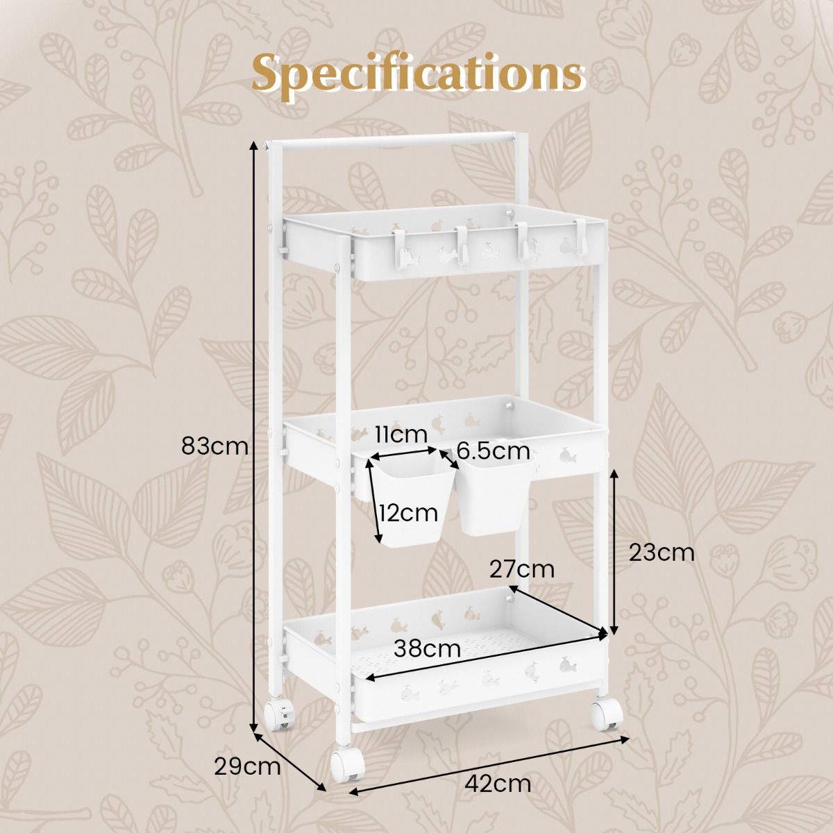 Coast Aufbewahrungswagen – 3 Ebenen – mit Haken und Bechern – weiß 42 x 29 x 83 cm