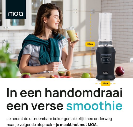 MOA Blender - Smoothie Maker mit 2 600ml Tritan Bechern - Mini Blender To Go - 800W - Edelstahl - Schwarz