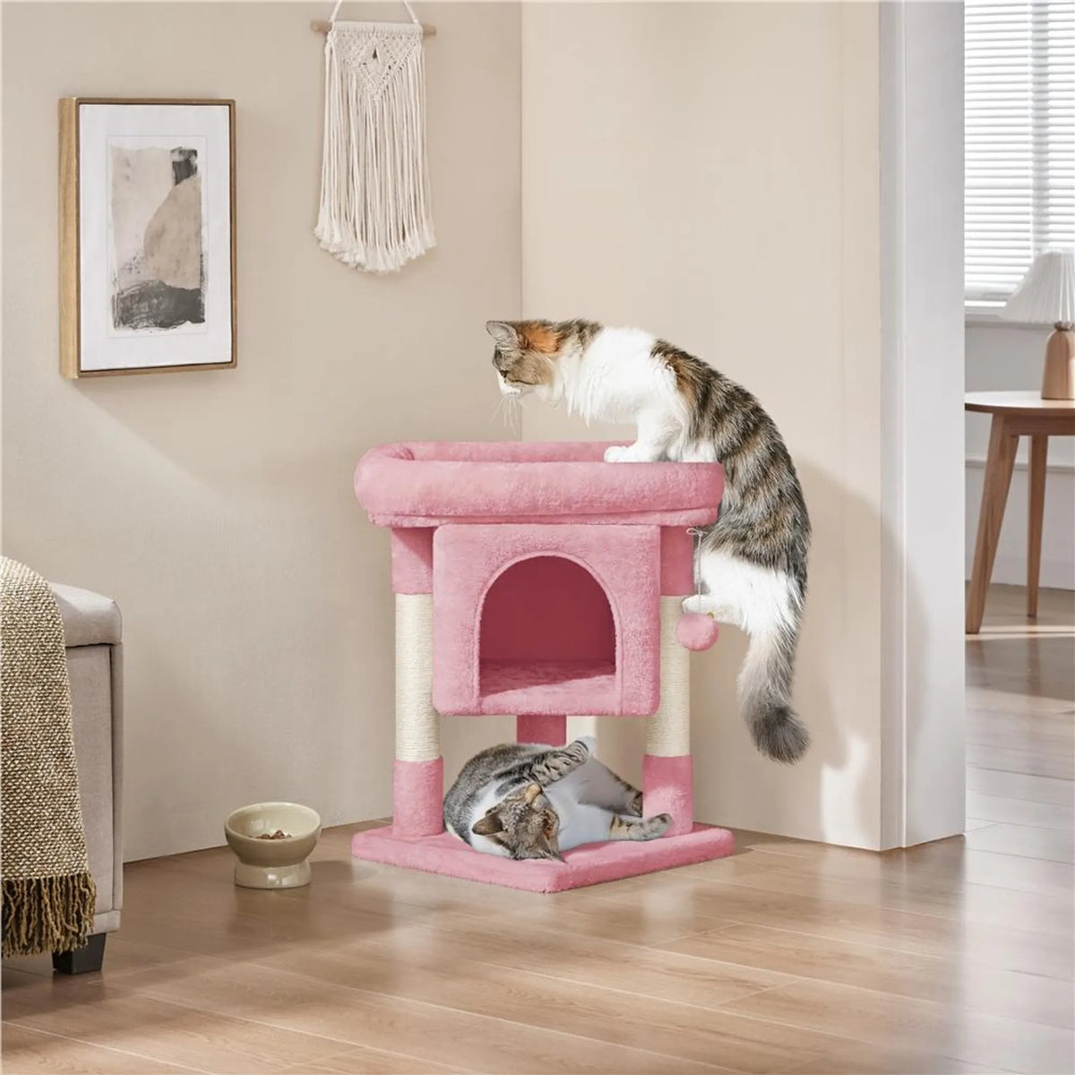 Yaheetech Kratzbaum mit Hängematte - ausgestattet mit gemütlicher Katzenhöhle und zwei Sisalpfosten und weichem Liegeplatz - für Kätzchen und kleine Katzen - hellrosa Plüsch und Sisal - 40,5 x 40,5 x 59 cm