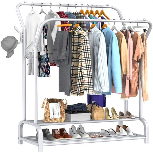 Avalo Industrieller Kleiderständer Doppelstab - Metall - 110x33x150 CM - Weiß - Aufbewahrung für Schuhe - Garderobenständer mit Haken