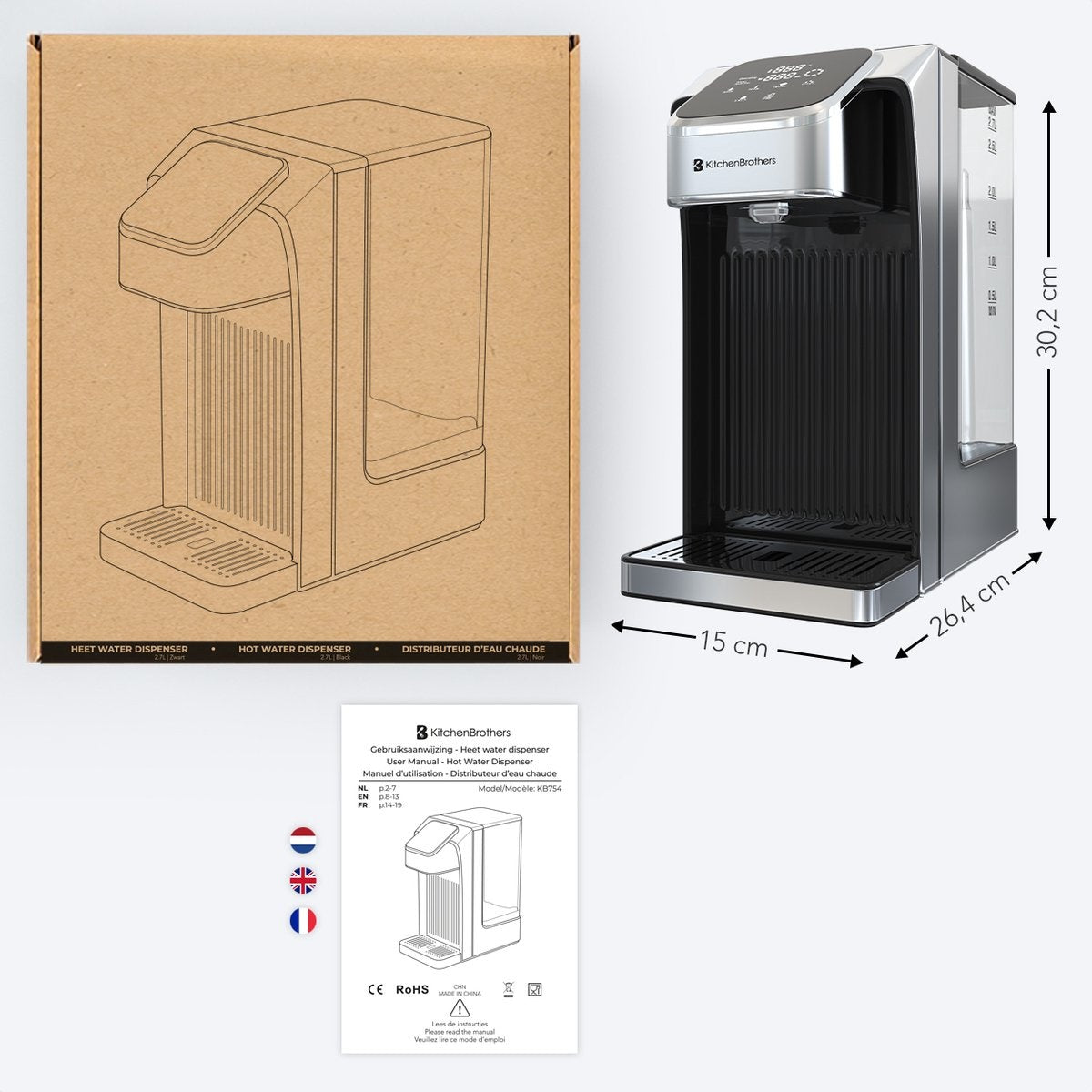 KitchenBrothers - Heißwasserspender - Touch Display - Milchfunktion - 2.7L - 2600W - Edelstahl/Schwarz