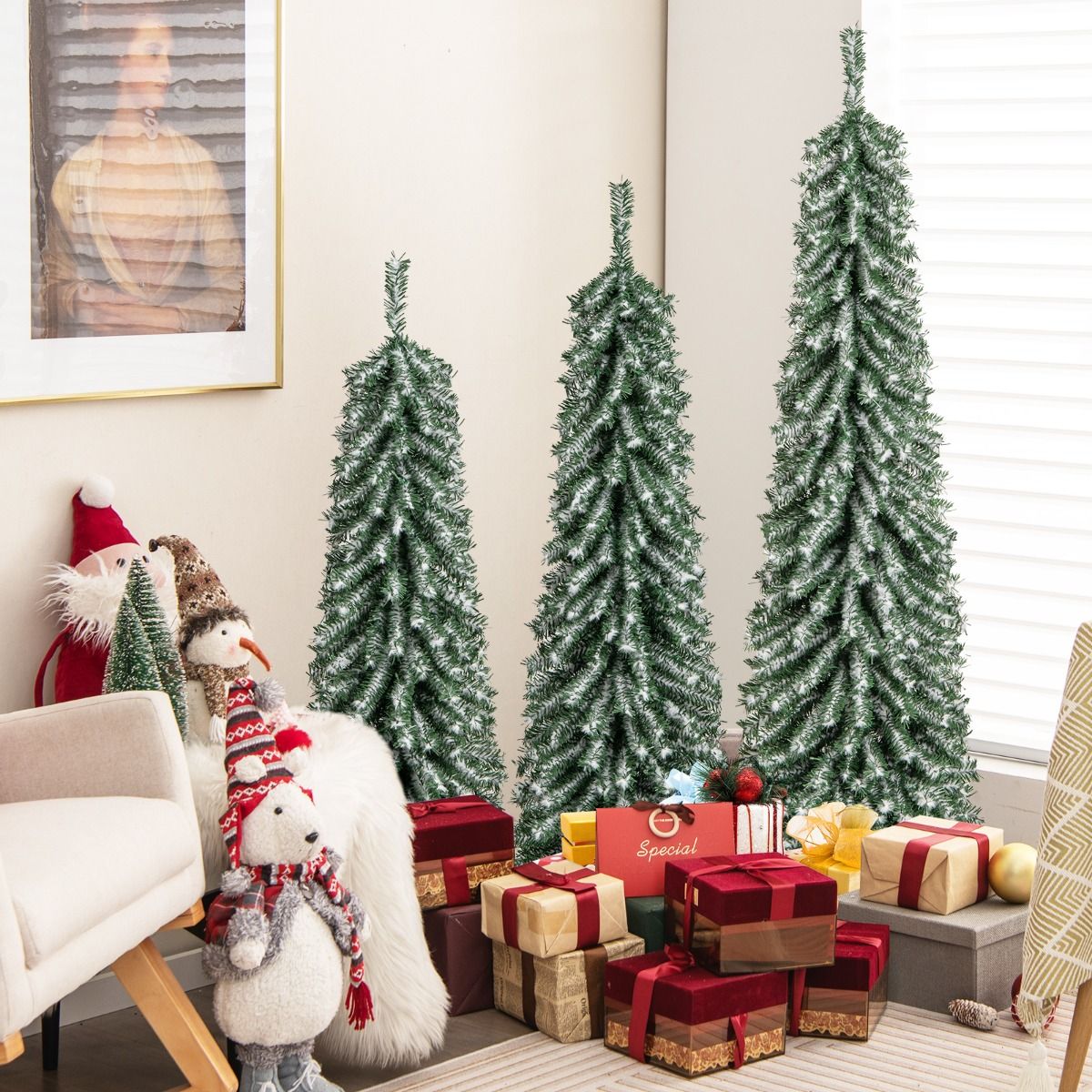 Coast Kunstweihnachtsbäume-Set – Bleistiftform – mit Kunstschnee und LED-Beleuchtung – 120/150/180 cm