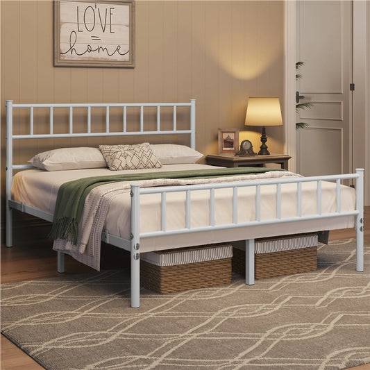 Yaheetech Metall Bettgestell 160 x 200 cm - Ausgestattet mit hohem Kopf- und Fußteil und 12 Metalllatten und 32 cm Stauraum - Für Schlafzimmer und Gästezimmer - Weißes Metall - 207 x 162 x 88,5 cm