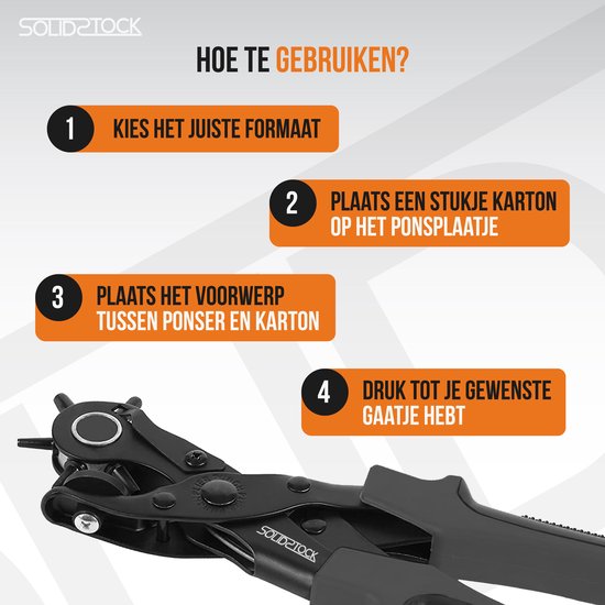 SolidStock Professionelle Lochzange für Gürtel – inklusive Messlatte – Lochzange – Revolverzange – Schwarz
