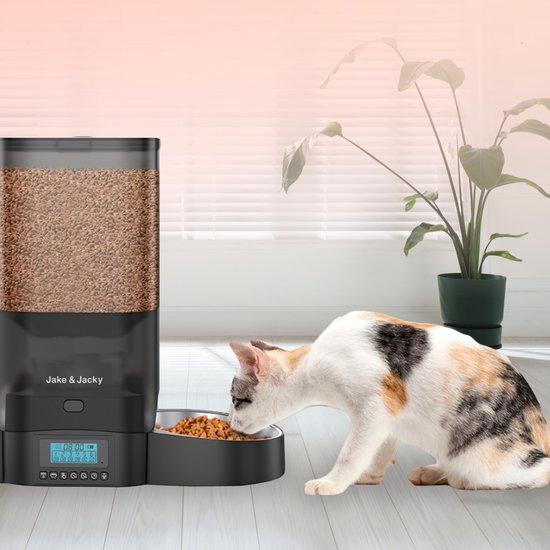 Jake and Jacky Futterautomat für Katzen und Hunde - 5 Liter - inkl. Edelstahl-Futterautomat & Slowfeeder - Futterspender & Anti-Schnapp-Schale - Futterautomat für Katzen & Hunde - Schwarz